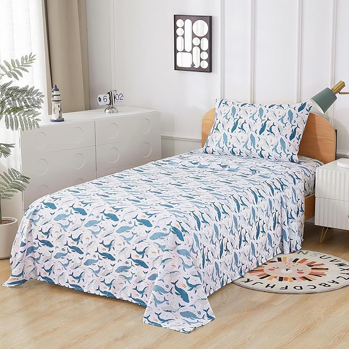 Kids Sheet Set Twin Size, Twin Sheet Set with Marine Whales Pattern，Breathable Silky Soft Microfiber Kids Fitted Sheet