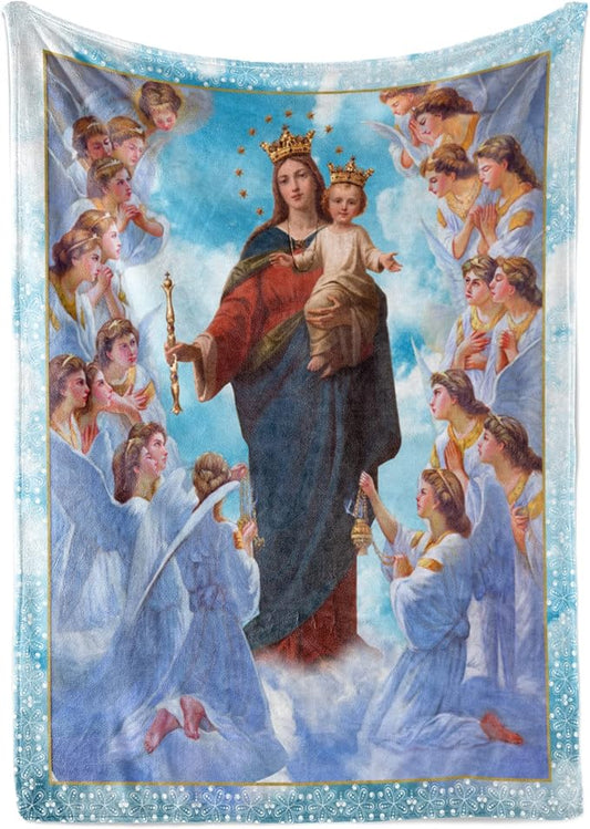 Angel Throw Blanket for Adults with Baby Jesus and Virgin Mary, Heaven Christian Theme, Soft, Plush, and Warm, Decorative Tapestry Home Decor or Bedding, (Sherpa 60x80)