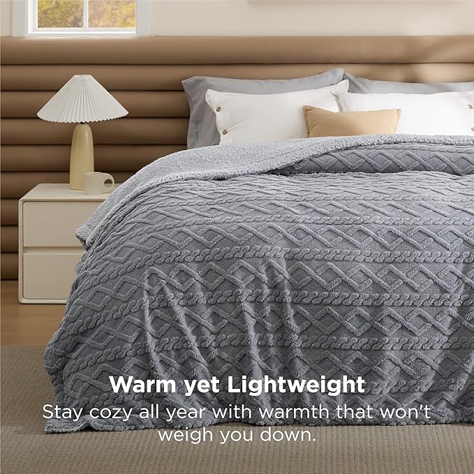 Bedsure Sherpa Queen Size Blanket for Bed - Fleece Soft Fluffy & Cozy Cable Jacquard Tufted Throw Blankets for Women Gift, Thick Warm for Winter and All Seasons, Grey, 90x90 Inches