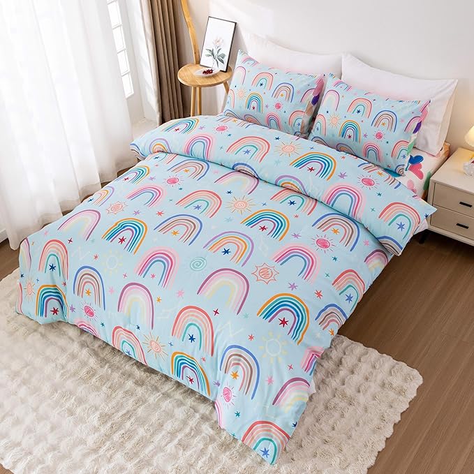 Btargot Lightweight Soft 3 Piece Rainbow Comforter Set with 2 Pillow Covers, Cartoon Love Hearts Suns and Stars Bedding Set for Girls Boys Kids, Full Light Blue