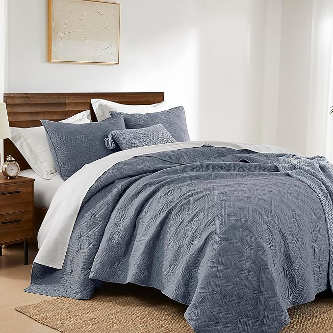 WDCOZY 100% Cotton Queen Size Quilt Set - Dusty Blue Pre-Washed Soft Lightweight Modern Bedspread, Farmhouse Country Rustic Coverlet, Textured Like Linen, Shabby Chic Gauze Bedding, 3 Pieces