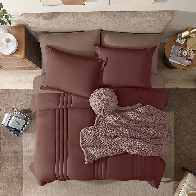 Monbix Queen Comforter Set - 7 Pieces Dark Red Bed in a Bag Queen Bedding Sets with Comforters, All Seasons Comforter Bed Set with Sheets, Pillowcases & Shams