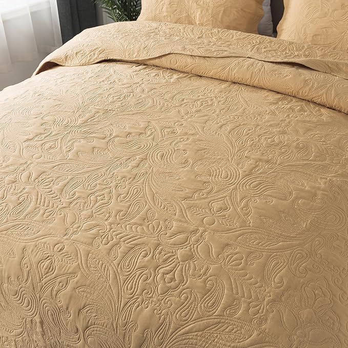 HoneiLife Embroidered Quilt King Size - 3 Piece Microfiber Quilt Sets Lightweight Bedspreads Reversible Coverlets Retro Bed Cover Paisley Pattern Bedding Set All Season Quilts-Yellow