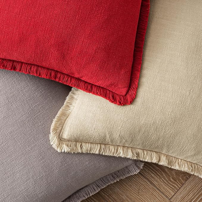 MIULEE Decorative Throw Pillow Covers Neutral Linen Fringe Throw Pillows Set of 2 Red Boho Farmhouse Cushion Covers with Tassels for Couch Sofa Bed Living Room Spring Home Decor 20x20 Inch
