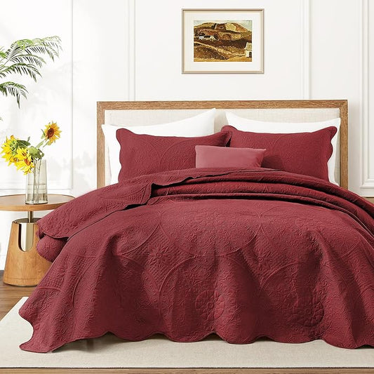 MOONLIGHT20015 King Quilt Bedding Set Size (106" x 96") + 2 Pillow Shams (20" x 36"+ 2") - 3 Pcs All Season Lightweight Reversible Quilt Bedspread Microfiber Floral Embossed Coverlet (Burgundy)