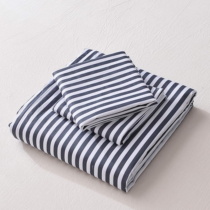 JELLYMONI 100% Natural Cotton 3pcs Striped Duvet Cover Sets,White Duvet Cover with Navy Blue Stripes Pattern Printed Comforter Cover,with Zipper Closure & Corner Ties(King Size)
