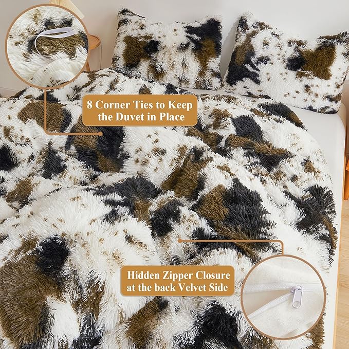 XeGe Cow Print Fluffy Faux Fur Duvet Cover Set, 3 Pieces Soft Plush Shaggy Fuzzy Bedding Set(1 Faux Fur Farmhouse Comforter Cover + 2 Furry Pillowcases), Zipper Closure(Queen, Cow Print Brown)