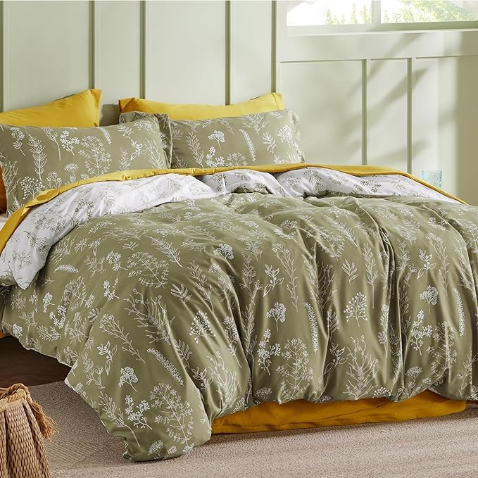 Bedsure Duvet Cover King Size - Reversible Olive Green King Duvet Cover Set with Zipper Closure, 3 Pieces Floral Patterned Bedding Set with 8 Corner Ties and 2 Pillow Shams