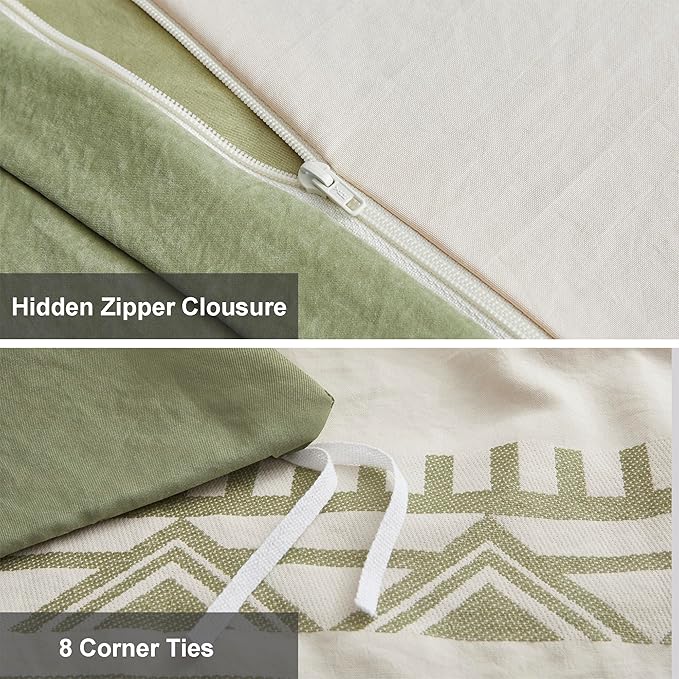 Oli Anderson Boho Duvet Cover Set King Size, Beige and Sage Green Color Clash 3 Pieces Microfiber Bedding Set, Durable and Super Soft Duvet Covers with Zipper and Ties, 104"*90"