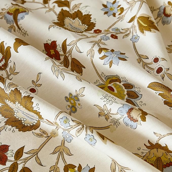 YuHeGuoJi Brown Floral Duvet Cover King 100% Cotton 3 Pcs Set 1 Beige Flower Duvet Cover with Zipper Ties 2 Pillow Shams Vintage Exotic Boho Botanical Burnt Orange Wide Trim Bedding Set Soft