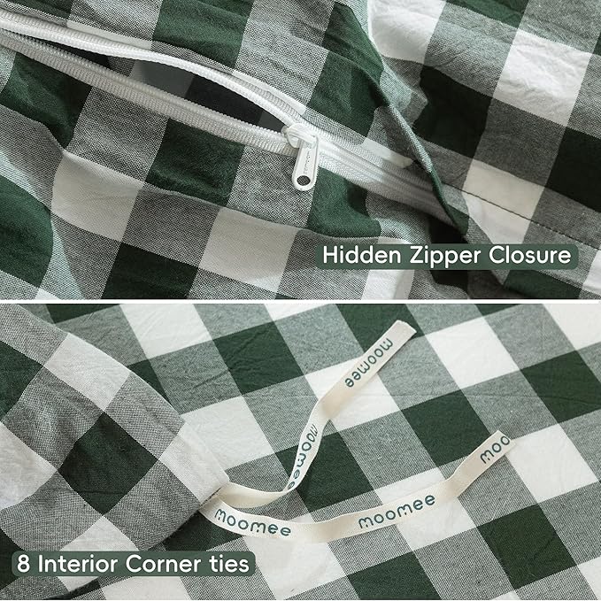 MooMee Gingham Duvet Cover Set 100% Washed Cotton Linen Like Textured Breathable Durable Soft Comfy Modern Checkered Design (Buffalo Plaid Forest Green, Palatial King/Oversized King 120"x98")