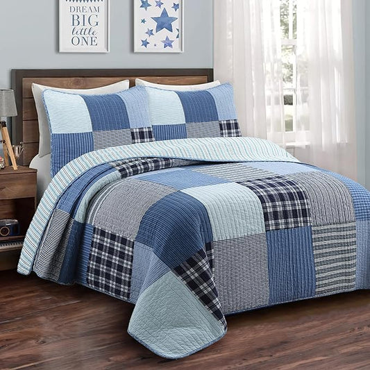 Cozy Line Home Fashions Plaid Patchwork Bedding Quilt Set, Navy Blue 100% Cotton Reversible Coverlet Bedspread for Kids Teen Boy (Craver, Twin - 2 Piece)