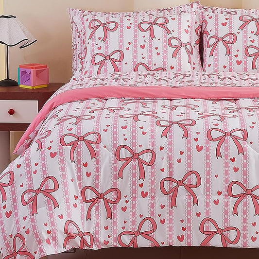 Viviland Kids Twin Bedding Sets for Girls, Soft Twin Comforter Set with Sheets, 5 Pieces Microfiber Bed in a Bag, Pink Bow