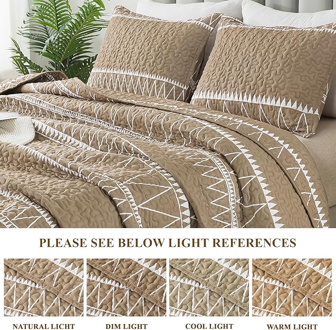 Andency Taupe California King Quilt Set, 3 Pieces Boho Lightweight Soft Striped Cal King Bedspread for All Season (112"x104"), Printed Bohemian Microfiber Reversible Coverlet Comforter Sets