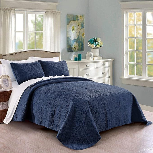 Pure Bedding Quilt Set Full/Queen Size Navy - Oversized Bedspread - Soft Microfiber Lightweight Coverlet for All Season - 3 Piece Includes 1 Quilt and 2 Shams, Geometric Pattern