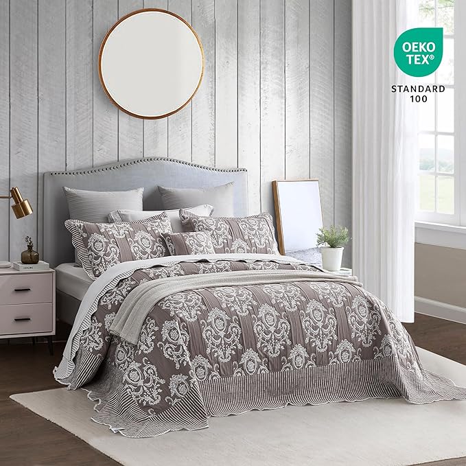 HZ & HY Oversized King Bedspread 128x120 Extra Wide, Jacquard Matelasse Damask Pattern Design, Lightweight, Reversible, 5 Piece, 100% Microfiber, Tan Brown