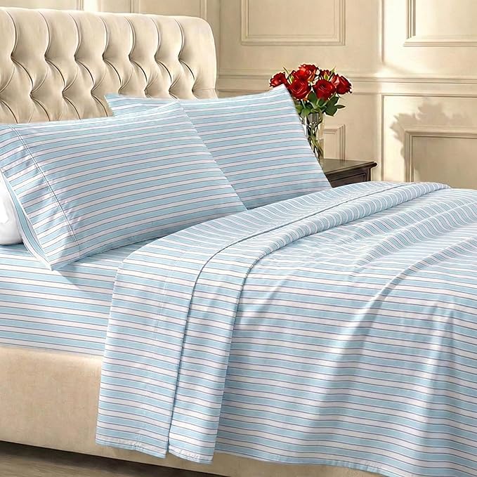 California Design Den California King Sheet Sets - 400 Thread Count Sateen, Natural 100% Cotton Sheets Set, Deep Pocket and Durable Bedding - Cape Stripe