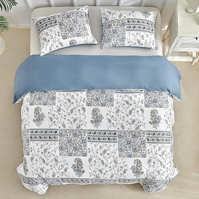Lekesky King Size Duvet Cover Set, Patchwork Floral 3 Pieces Reversible Blue Paisley Duvet Cover Set, Ultra-Soft Microfiber 3 Pieces Comforter Cover with Zipper, Includes 2 Pillowcases