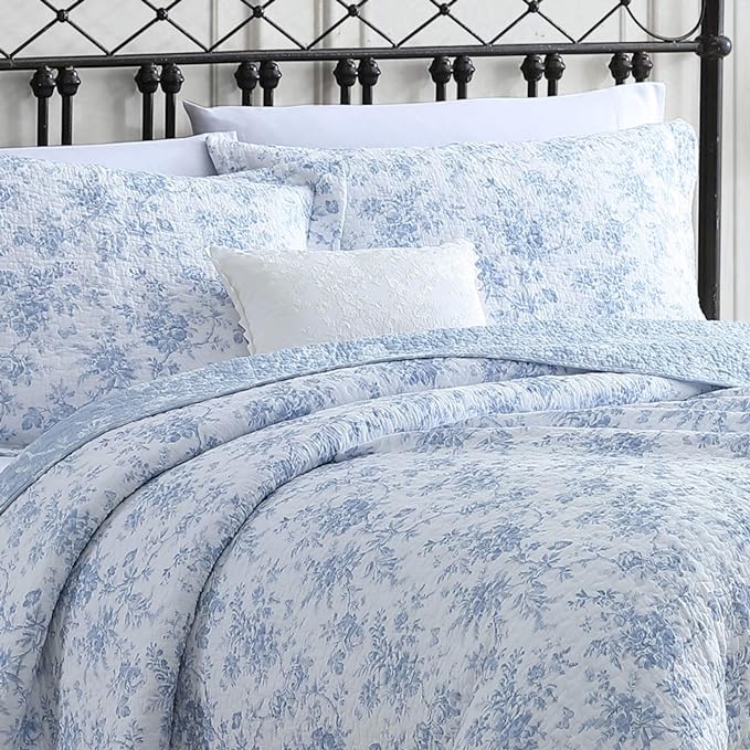Laura Ashley Home - Twin Quilt Set, Reversible Floral Cotton Bedding with Matching Sham, Home Decor for All Seasons (Walled Garden Blue, Twin)