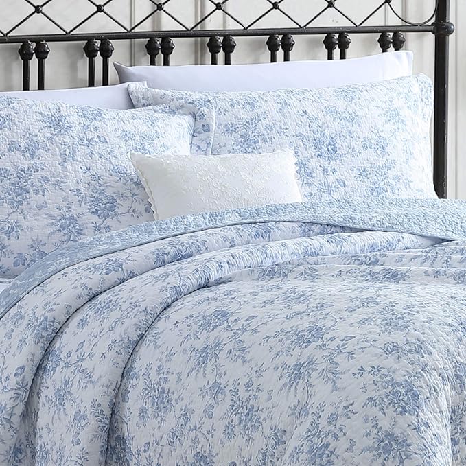 Laura Ashley - King Quilt Set, Soft & Reversible Cotton Floral Bedding with a Medium Weight Feel, 3 Piece Bed Set with Matching Pillowcases (Walled Garden Blue)