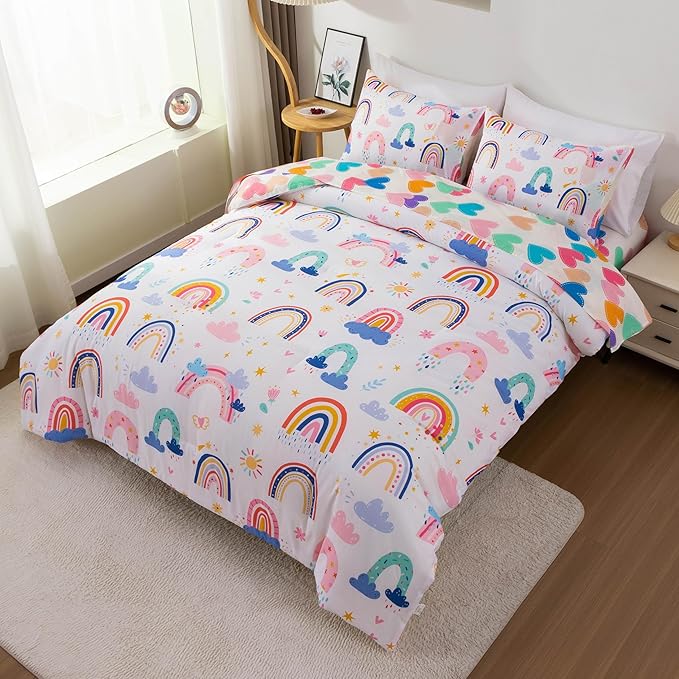 Btargot Lightweight Soft 3 Piece Rainbow Comforter Set with 2 Pillow Covers, Cartoon Leaves Flowers and Sun Star Bedding Set for Girls Boys Kids, Twin White