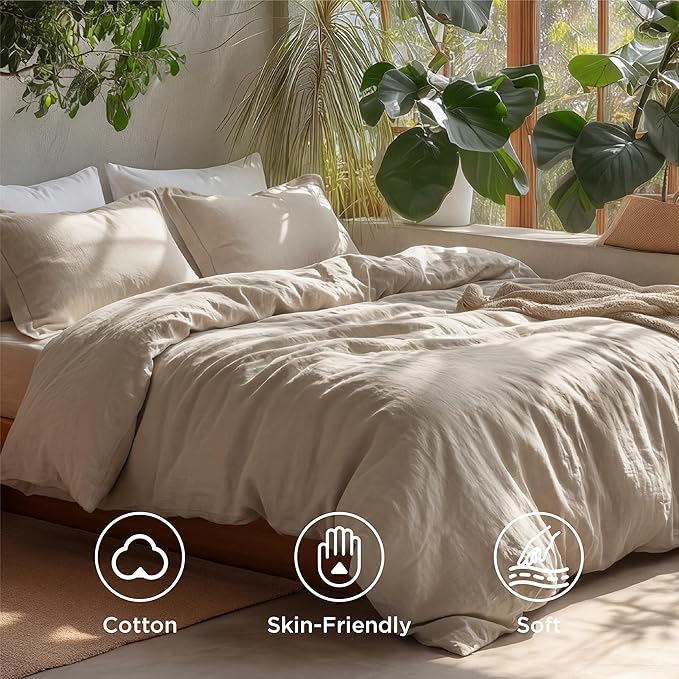 Bedsure 100% Washed Cotton Duvet Cover Full Size - Frosted Almond Minimalist Cotton Duvet Cover Linen Like for All Seasons - GentleSoft™ Plain Simple Bedding (Frosted Almond, Full, 80"x90")
