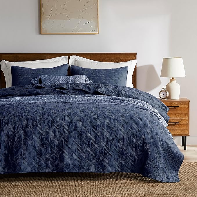 WDCOZY 100% Cotton Twin Size Quilt Set - Navy Blue Pre-Washed Soft Lightweight Modern Bedspread, Farmhouse Country Rustic Coverlet, Textured Like Linen, Shabby Chic Gauze Bedding, 2 Pieces