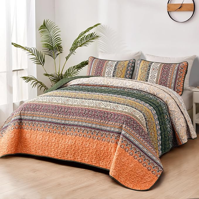 WONGS BEDDING Boho Queen Quilt Set, Green and Orange Bohemian Quilt Bedding Set, Fall Lightweight Bed Decor Bedspread for All Season Reversible Microfiber Coverlet Bedding Set 96"x90"(3 Pieces)