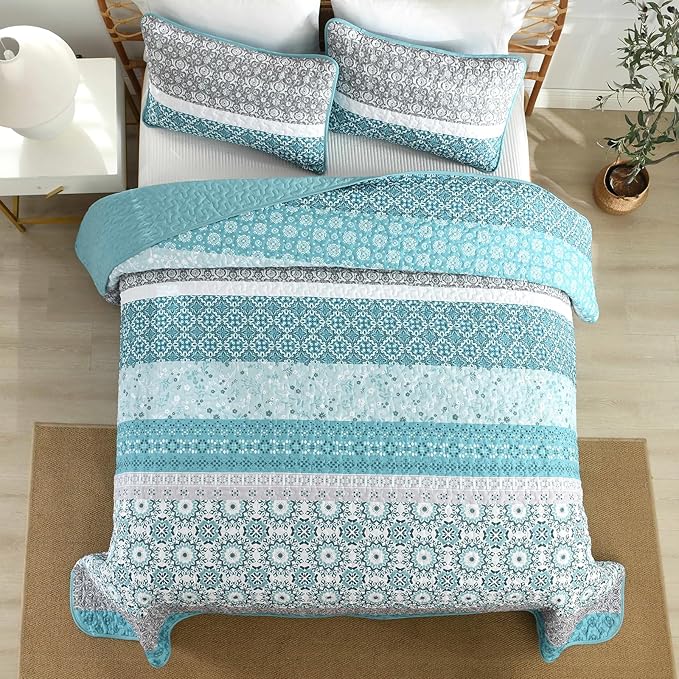 WONGS BEDDING Boho Quilt Set Queen Size,Teal Bohemian Striped Patchwork Bedspread Set,3 Pieces Microfiber Bedding Set for All Seasons (96"x90")