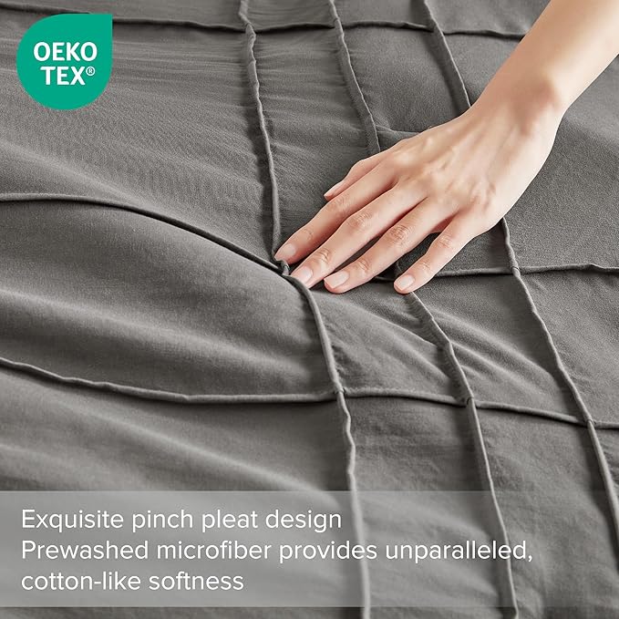 Comfort Spaces Grey Queen Size Duvet Cover Set - 3 Pieces Pintuck Pleated Duvet Cover, All Season Lightweight, Extra Softness Pre-Washed Microfiber Bedding Cover Shams, Full/Queen