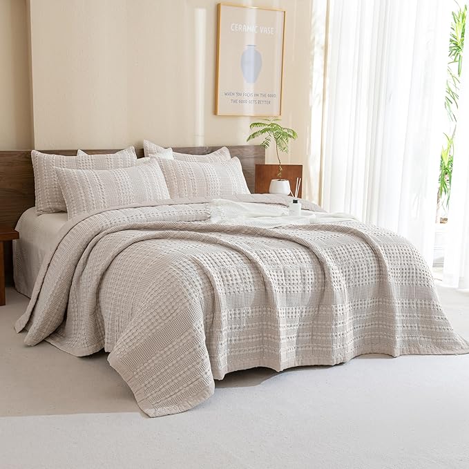 Sanracie Cotton Oversized King Bedspread (128"x120"), Oatmeal Colored Waffle Weave Quilted Set Extra Wide Farmhouse Aesthetic Bedding Set 3Pcs Soft Breathable Bedding Coverlet for All Season