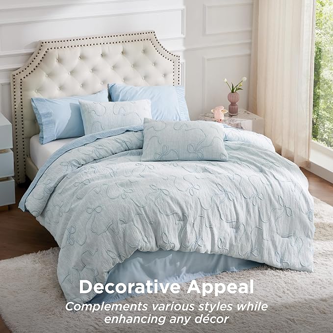 Bedsure Queen Comforter Set, GentleSoft™ 3 Pieces Bow Cute Bedding Blue Room Decor Aesthetic, Queen Bedding Sets Gifts for Her Women, 1 Bed Blue Comforter, 2 Pillow Shams, 90x90 Inches