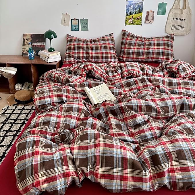 mixinni Vintage Red & Brown Buffalo Plaid Duvet Cover Set Queen Size - 3 Piece Washed Cotton Bedding Set with Classic Checkered Pattern, Cozy Farmhouse Duvet Cover with Pillowcases for All Seasons