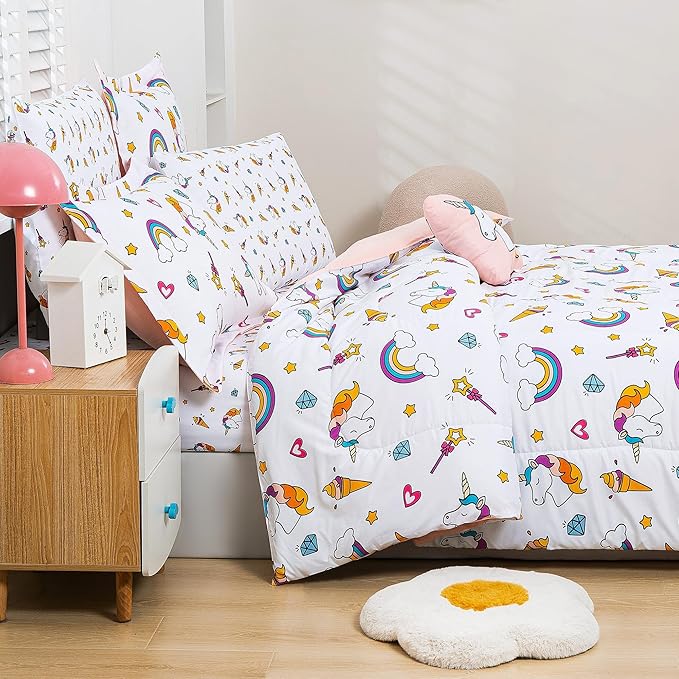 Mooreeke Bed in a Bag for Kids Girls Teens, 6 Pieces Twin Size Comforter Bed Set with Shams, Sheet Set and Decorative Toy Pillow, Unicorn Rainbow Super Soft Microfiber Kids Bedding Set