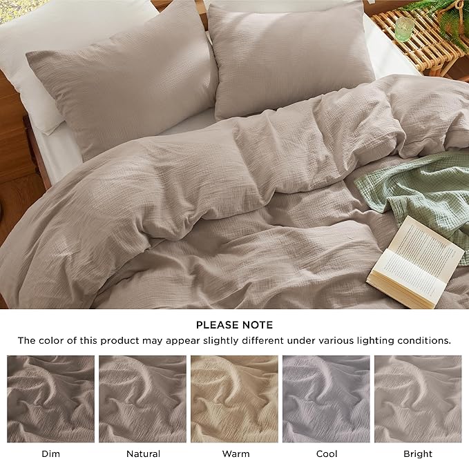 Bedsure 100% Muslin Cotton Duvet Cover King Size - Ultra-Soft, Breathable & Lightweight - Linen Like Gauze Comforter Cover Set with Button Closure and Corner Ties (Khaki, King, 104"x90")