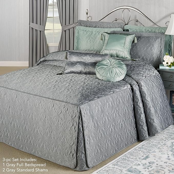 Cambridge Classic Luxury Bedding | Neutral Warm Gray Solid Color Polyester Satin | Elaborate Damask Quilting | Generous 21 Inch Drop | 3 Pc Bed Set Includes Oversized Full Bedspread & 2 Standard Shams