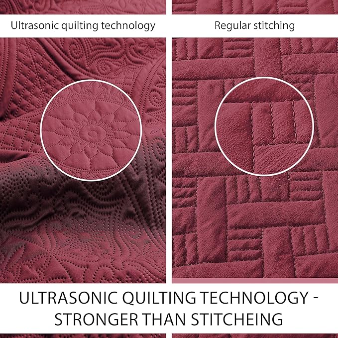 MOONLIGHT20015 8 Pack Quilt King Size Bedding (106" x 96") - Bulk Wholesale for Hotels, Guest Bedroom & Airbnbs - Lightweight Microfiber Reversible Floral Embossed Quilts Bedspreads (Burgundy)