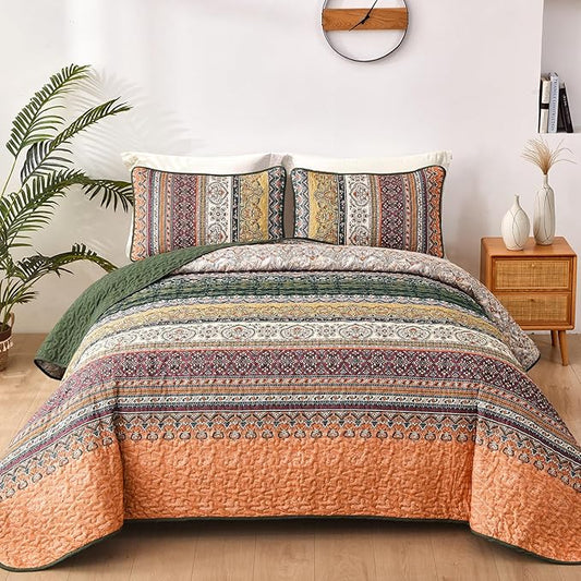 WONGS BEDDING Boho Quilt Set Full Size, Green and Orange Bohemian Quilt Bedding Set, Fall Lightweight Bed Decor Bedspread for All Season Reversible Microfiber Coverlet Bedding Set 78"x90"(3 Pieces)