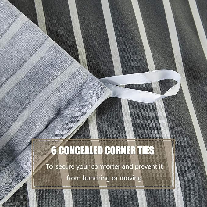 JELLYMONI 100% Natural Cotton 3pcs Striped Duvet Cover Sets, Dark Grey Duvet Cover with White Stripes Pattern Printed Comforter Cover, with Zipper Closure & Corner Ties(King Size)