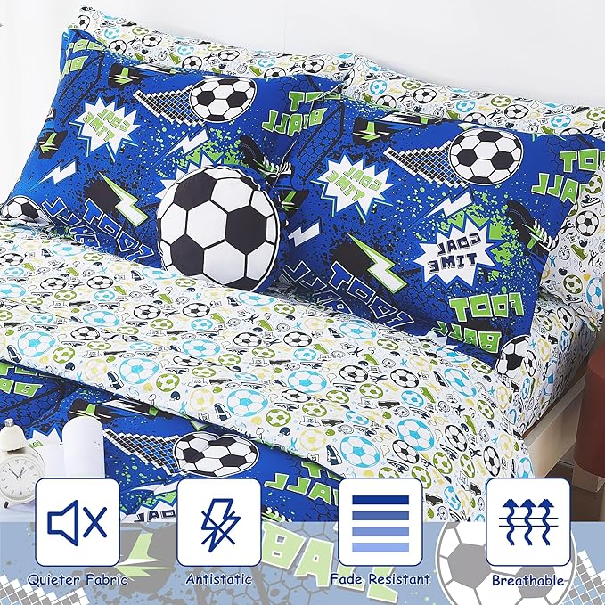 Mooreeke Kids Full Comforter Sets for Boys 8 Pieces Cool Football Bedding Set for Teens Microfiber Blue Green Soccer Kids Bed in A Bag with Comforter, Sheet Set, Shams and Decorative Toy Pillow