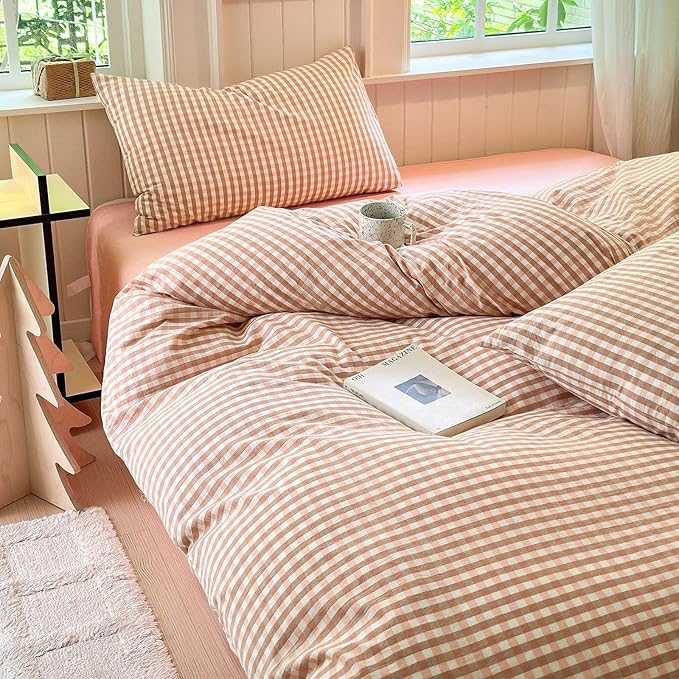 LifeTB Queen Comforter Set Pink Gingham Comforter Modern Style Blush Plaid Comforter Set 3 Pieces Grid Checkered Comforter with 2 Pillowcases Fluffy Soft Boho Gingham Bedding Set Queen Size