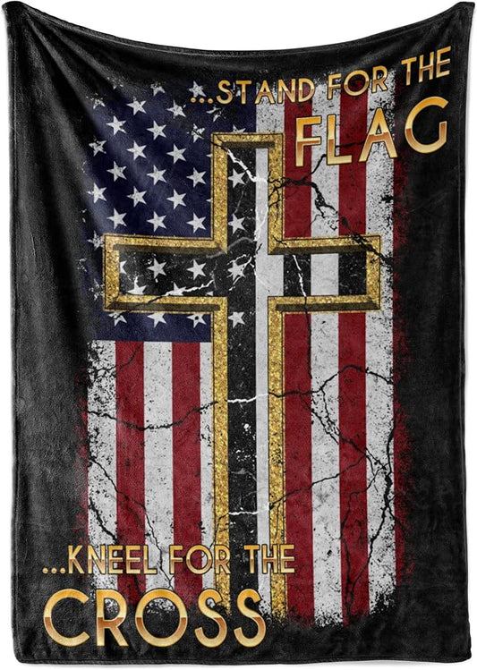 Stand for The Flag US American Flag Blanket with Kneel for The Cross, Patriotic and Christian Throw for Bed, Couch, or Home Decor, Red, White, and Blue, Soft and Plush, (Fleece 60x80)