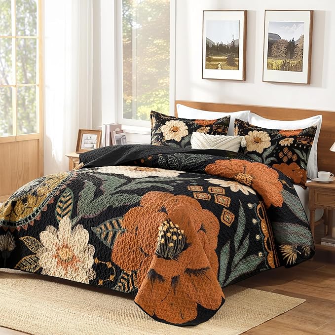 Andency Floral Boho Quilt King Size Bedding Set Brown Black, 3 Pieces Farmhouse Flower Botanical Summer Bedspreads with 2 Shams, Soft Reversible Lightweight Microfiber Coverlet Set, 106"x96"