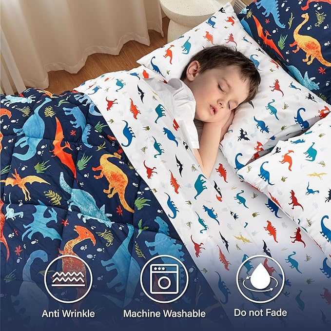 Queen Size Dinosaur Kids Bedding Set for Boys, 7 Pieces Super Soft Lightweight Microfiber Comforter Set with Sheets, Bed in a Bag, Children Bed Set