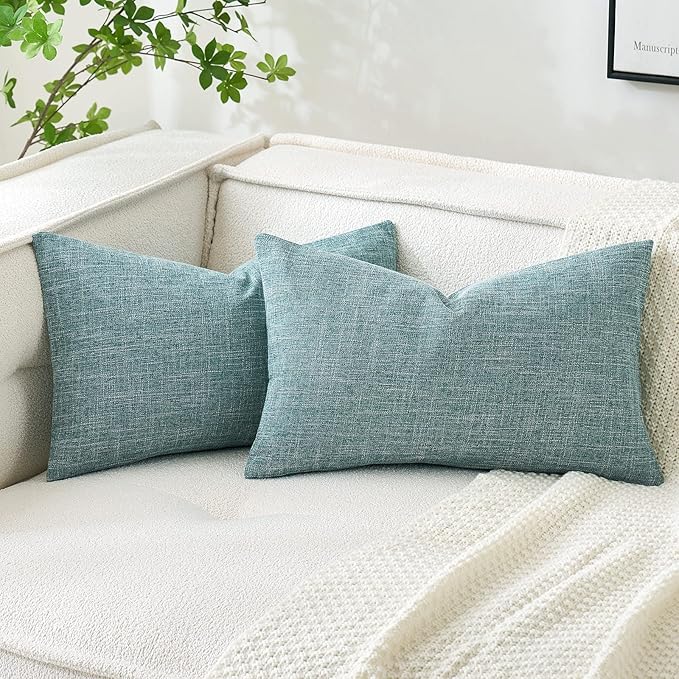 MIULEE Pack of 2 Decorative Linen Burlap Coastal Pillow Covers Farmhouse Boho Accent Pillowcases for Sofa Car Couch Bedroom Living Room Decor 12x20 Inch Teal