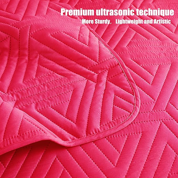Whale Flotilla Soft King Size Quilt Set for All Seasons, 3-Piece Ultrasonic Geometric Quilts Bedding Set, Lightweight Reversible Bedspread, Coverlet, Bed Cover with 2 Pillow Shams, Hot Pink