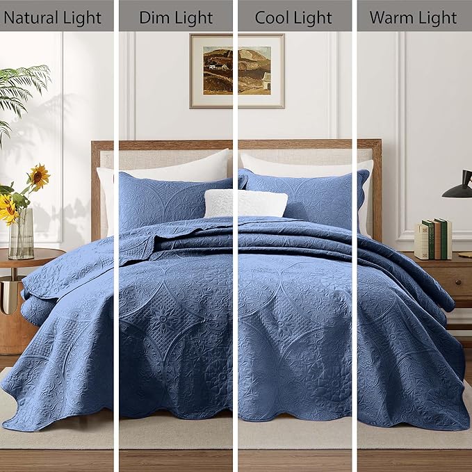 IR Imperial Rooms King Quilt Bedding Set Size (106" x 96") + 2 Pillow Shams (20" x 36"+ 2") - 3 Pcs All Season Lightweight Reversible Microfiber Coverlet Floral Embossed Quilt Bedspread (Light Blue)