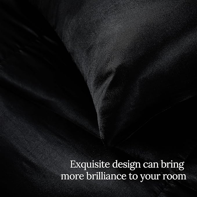 Whale Flotilla 3-Piece Reversible Silky Soft Queen Comforter Bedding Set, Luxurious Satin Comforters Full Size with 2 Satin Pillowcases, Lightweight Duvet for All Seasons, Black