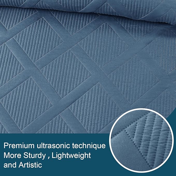 Exclusivo Mezcla Quilt Set Oversized King Size, 3 Pieces Grayish Blue Cal King Quilt Bedding Set, Lightweight Quilts Soft Bedspreads Modern Striped Coverlets for All Seasons