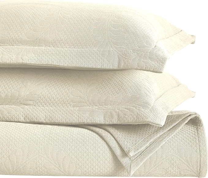 Superior 3 Piece Cotton Bedspread Set, Home Bed Decor, Decorative Bed Spread, 2 Pillow Shams, Medium Weight Blanket, Matelasse Coverlet, Bedding Essentials, Peploi Collection, Full, Ivory